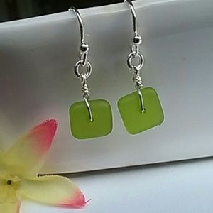 Square Green Sea Glass Silver Dangle Earrings
